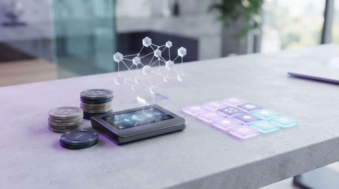 Abstract crypto wallet, casino chips and digital game tiles on a neutral editorial desk