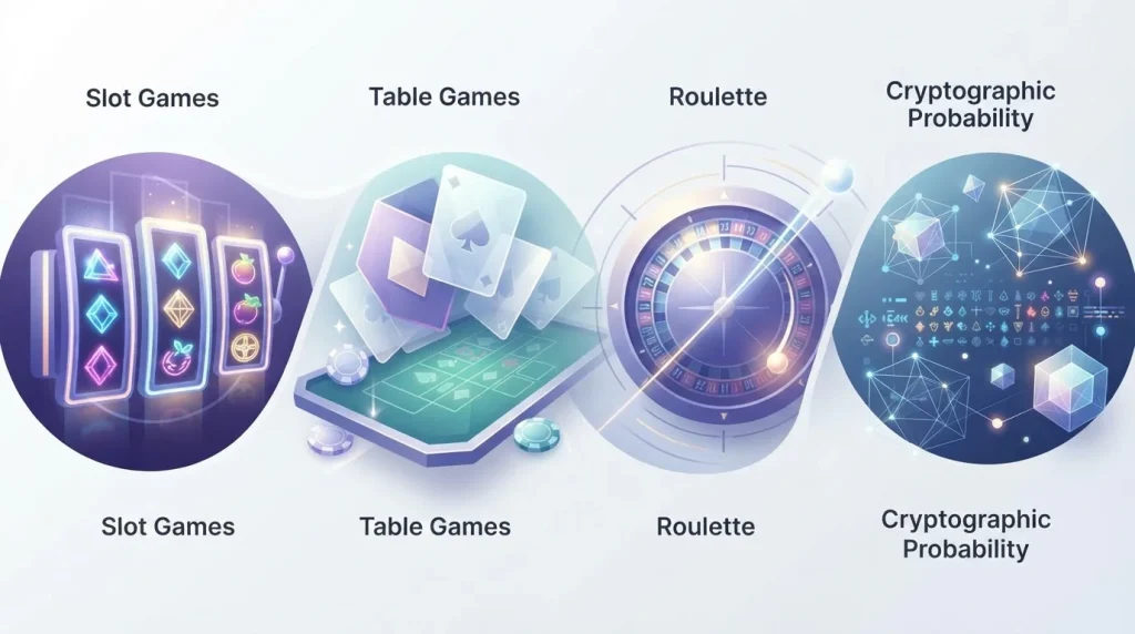Abstract casino game categories with cards, reels and cryptographic game symbols