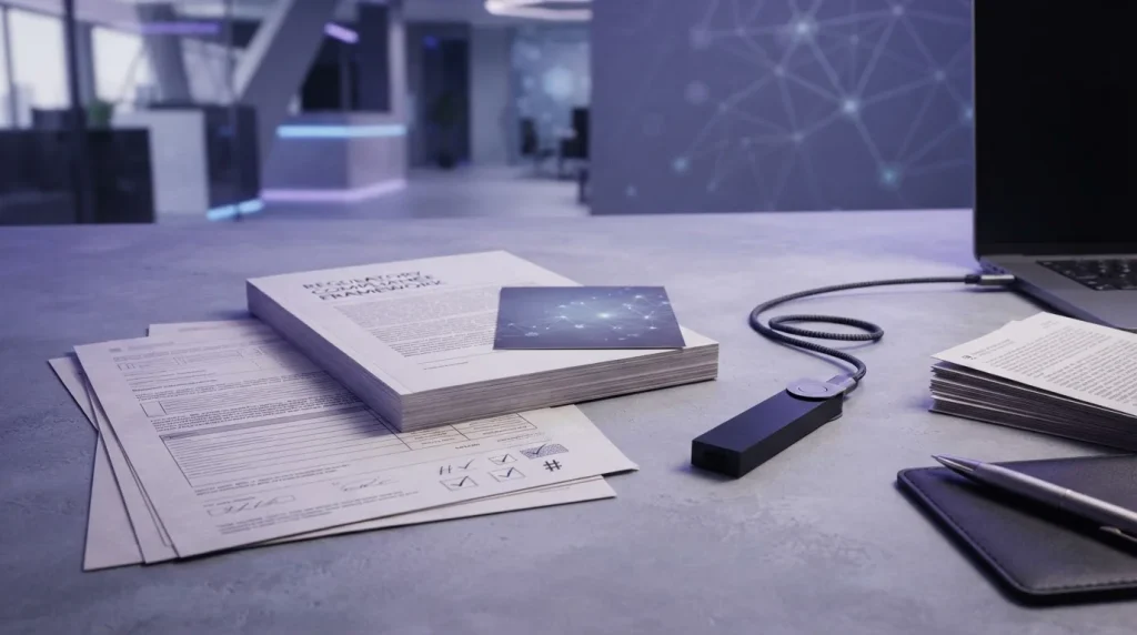 Crypto security documents beside a hardware wallet and verification symbols