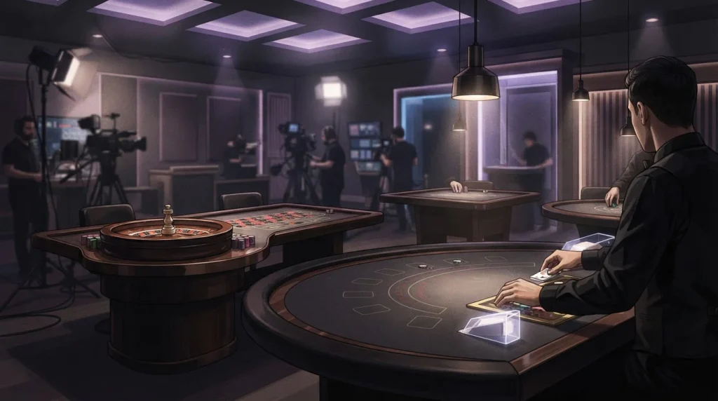 Elegant live casino studio with illuminated tables and abstract card symbols