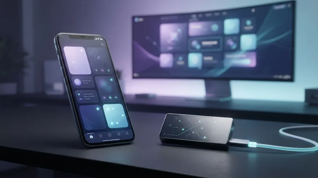 Smartphone beside a crypto wallet and abstract casino interface shapes