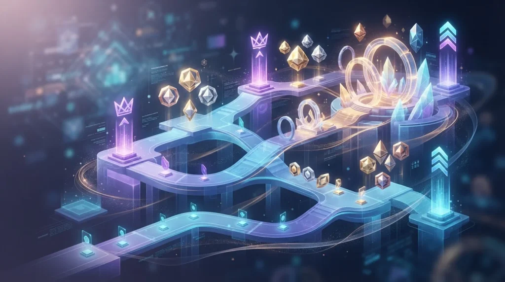 Abstract loyalty progression and tournament symbols beside casino tokens